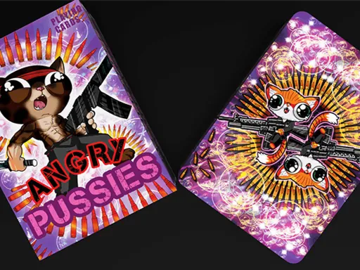 De'vo and Handlordz present the fun and quirky Angry Pussies Playing Cards! This deck features kittens with weapons, a borderless back design for beautiful fans, premium card stocks and finishes, funny custom art work, and