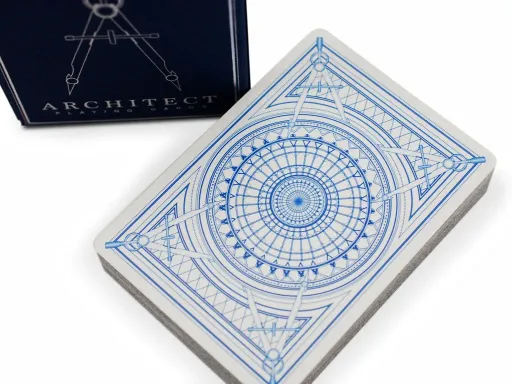 Take your turn at the draftsman's table with this stunning deck from celebrated designer Jared Hansen. The customized card backs invite you to fall into the mesmerizing, interlocking circles drawn by its compasses, printed in