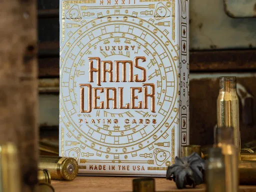 Arms Dealer Playing Cards by Belcher Design feature 14 unique firearms as the courts and Jokers. Every detail of these cards is completely custom from the pips, backs, &amp; tuck all the way to the