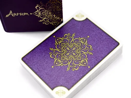 Produced by Encarded and designed by Paul Carpenter, the Aurum Sovereign edition is a limited print of only 4,500 decks. The elegant, purple tuck box boasts intricate gold foiling, embossed elements, metallic inks, as well