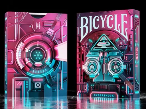 Cyberpunk playing cards are becoming more and more trendier in the playing cards universe and the Bicycle Cybershock Playing Cards magnificently captures and capitalizes on the cyberpunk theme. The Cybershock Bicycle Playing Cards reflect the