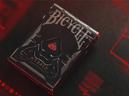 The Bicycle Hybrid features a heavy armored cybernetic tuck box, and 56 high-end multi-layered 3D structured playing cards.An influential combination of space-age elements and inventiveness, the Hybrid deck was made for every outlaw out there