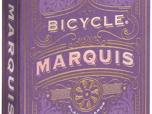 Bicycle Marquis playing cards feature a luxurious, intricate design that evokes the feeling of the Art Deco era of the 1920s and 1930s. The intricate tuck case is printed on a gorgeous, uncoated plum-colored stock