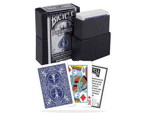 RIDER BACK EDITION ONLYMade 100% of plastic and available in Blue and Red, the Bicycle® Prestige decks provide unmatched durability, flexibility, and a paper-like feel. Ideal for professional tournaments and friendly games alike, the deck