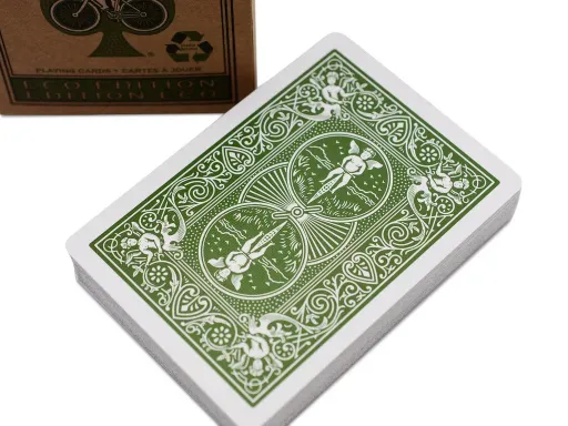 This Deck is environmentally Friendly and has no Cello WrapAiming at eco-conscious players, the Bicycle® Eco Edition decks come with a fully recyclable tuck case and playing cards. All the playing cards have been produced