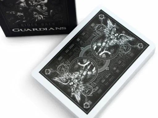 Manufactured in the U. S. and produced by theory11, the Guardians deck blends ancient scriptural art elements with a modern, industrial design. From the biblical chariot scene on the front of the box to the