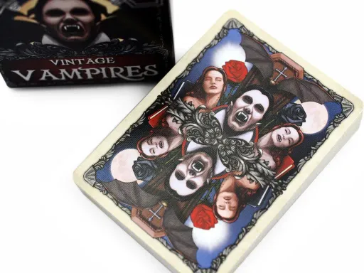 This is a perfect theme for Halloween, as it includes the most popular and bloodthirsty vampires of the literature and cinema. One vampire per each court card, all together in this deck is a tribute