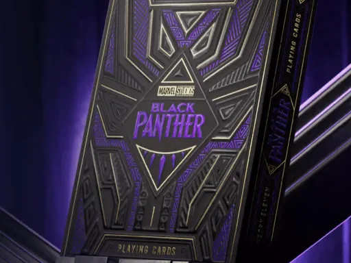 Premium playing cards by THEORY11 featuring your favorite characters from the Black Panther films such as King T'Challa, M'Baku, Okoye, Killmonger, and more! SHIMMERING VIBRANIUMThe outer packaging is like a relic straight out of Wakanda!