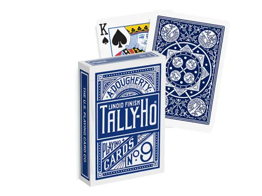 Blue Tally Ho Fan Back Playing cards Blue Tally-Ho Fan Back: Linoid finish and elegant design, offering durability and sophistication, preferred by magicians and cardists.