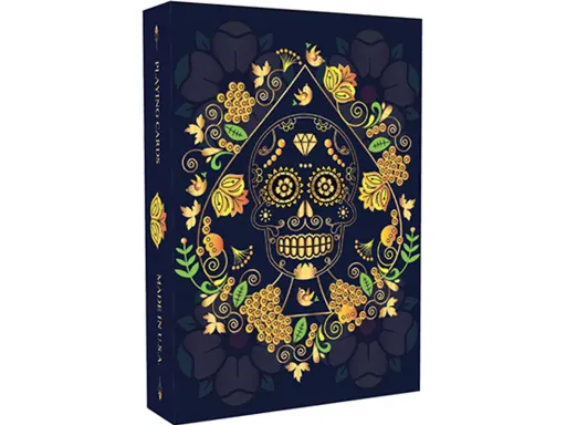 Calaveras de Azúcar Blue Edition Playing Cards depict sugar skulls in various forms. Designed by Natalia Silva, the deck features vibrant custom artwork of skulls with musical instruments, flowers, and hats. This deck is perfect