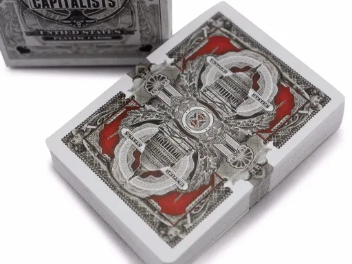 1,000 decks of Capitalists playing cards were designed by Ember Waves and printed by the USPCC.