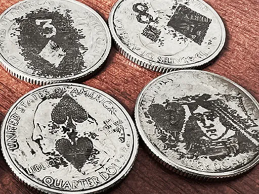 US QUARTER EDITION - CARDS PACKWe've printed an epic range of beautifully scorched impressions onto US Quarters. No DIY, no burning around stencils, no black sooty fingers - your set of 6 coins come ready