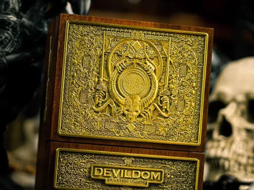 The Devildom Walnut Playing Cards are the most rare and exclusive playing cards in the Demon themed series by Ark Playing Cards The walnut wood case undoubtedly takes the spotlight as of ultimate luxury. The