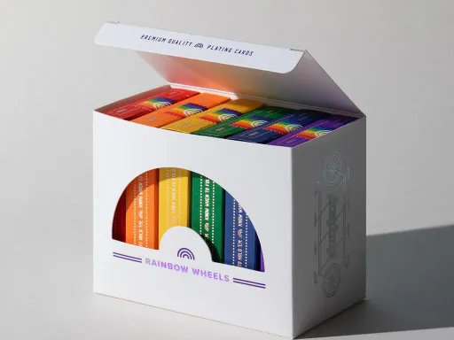 DKNG Rainbow Wheels Playing cards box set features all 6 Rainbow wheels beautifully packaged in a Limited Edition Box Set.The Limited Edition Box Set has a rainbow cut made that allows you to see the