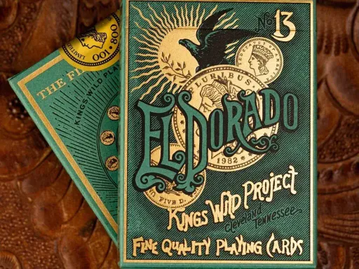 Limited to 800 decks with Numbered SealThe El Dorado Playing Cards by Kings Wild Project are a limited edition deck of cards that are part of Jackson Robinson's 2022 Vintage Reimagined Series.The El Dorado playing