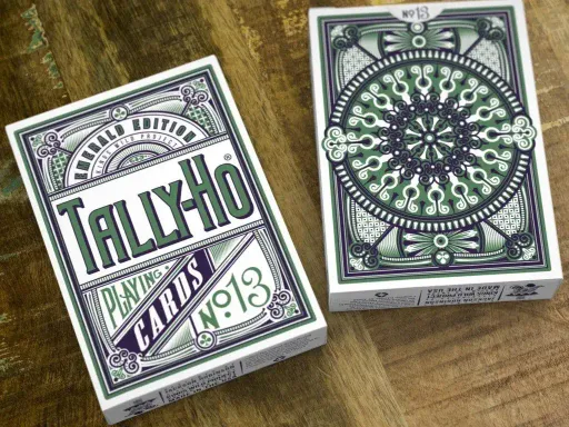 Printed in 2015 the limited edition Emerald Tally Ho Display Deck was Jackson Robinsons second Tally Ho release through kickstarter.The Emerald Tally Ho playing cards like most Tally Ho Playing Cards by Kings Wild Project