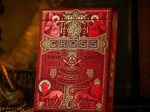 The Gilded Cross Playing Cards by Riffle Shuffle are limited to 150 decks that were exclusively available to Kickstarter backers.the Red Maroon Martyrs Cross playing cards feature a stunning Red Gilding on the sides of