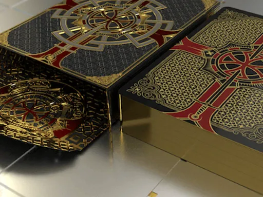 The Gilded Edition of the Crimson Stronghold Playing Cards by Gambler's Warehouse is a rare and luxurious deck of playing cards that features gold gilded sides. Limited to 500 Gilded Playing Cards These stunning premium