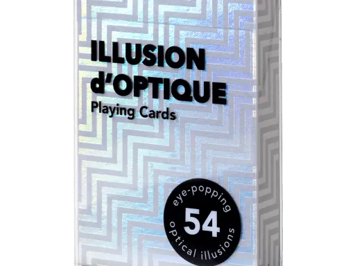 Illusion d'Optique, designed by Gianni Sarcone is a collection of mind-blowing optical illusion playing cards. The dizzying holographic tuck box reflects rainbow colors and is very unique and eye-catching. There are 54 custom cards that