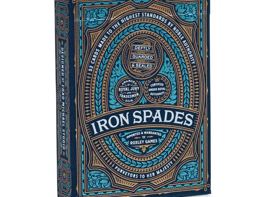 Art of Play in collaboration with Roxley Games present Iron Spades Playing Cards! The blue and gold foil-stamped tuck box has stunning detail. The intricate back design features powerful fists, swords of all 4 suits,