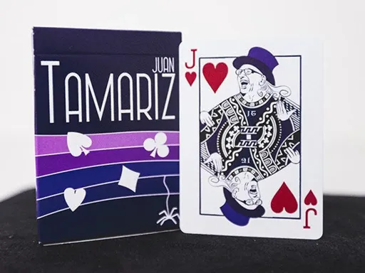 This deck pays tribute to one of the greatest magical geniuses, Juan Tamariz. Highlighted throughout the deck are a spider and violin, which he used to enhance his persona. A beautiful dark purple is used