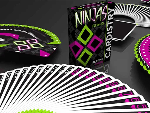 Brought to you by the famous magician De'Vo, Limited Edition Cardistry Ninjas Remix Playing Cards are perfect for magic and cardistry performances alike! This is a remix of the very popular Cardistry Wildberry Ninjas and