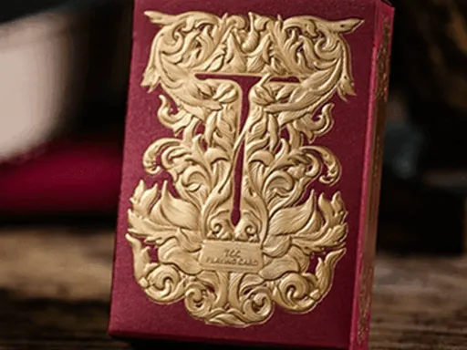 Luxury playing Cards almost always have a premium and elegant looking tuck box and the Luxury Sword T Playing Cards by TCC feature a tuck boss that has Gold Embosses hot stamping.The Red Luxury Sword