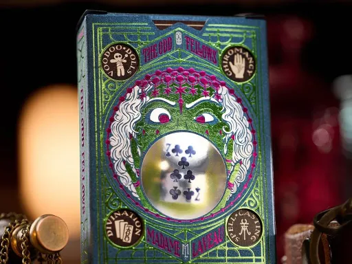 Madame Laveau Playing Cards is the latest edition to the Odd Fellow Line up by Stockholm 17. Madame Laveau The Soothsayer Edition deck features metallic green gilded playing cards and fully custom illustrations by Lorenzo.Inspired