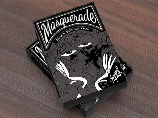 Masquerade is the second of BrainVessel's Artist Series Playing Cards featuring the whimsical artwork of international/Canadian artist Denyse Klette.These cards are in black and white and feature a black tuck box with black and silver