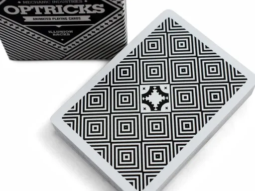 A classic deck with mesmerising features, the Mechanic Optricks deck is truly like no other. Simple in its concept, the geometrical design on its backing is anything but! Bold black and white lines are purposefully