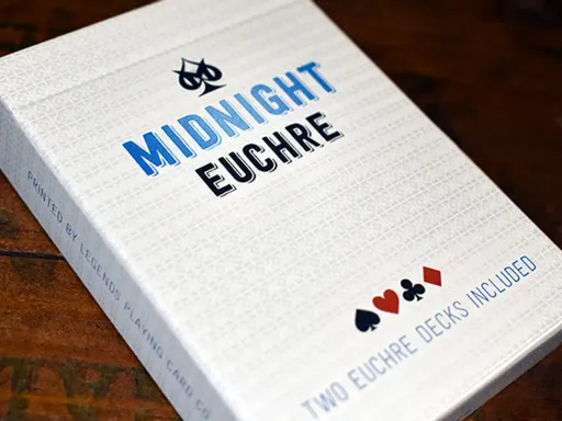 Euchre is a trick-taking game most popular in England, Canada, Australia, New Zealand, and America. The Midnight Euchre Deck includes two full Euchre decks inside one tuck box (red and blue). It's printed by Legends