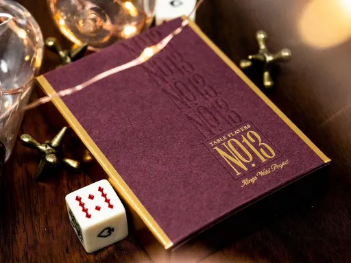 Inspired by classic tobacco industry packaging, the No. 13 Table Players edition is the first deck in a six-deck series. The intricate back design features a dark red colorway and detailed gold patterns. No. 13