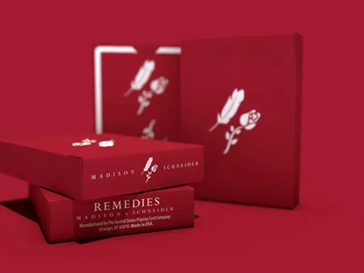 It's RED features a Rose and a Feather its unique, its elegant and it is definitely beautiful the Remedies Playing Cards are a true testament to Daniel Madison and Daniel Schneider.The new Remedies Playing Cards