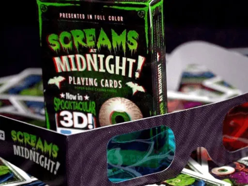 Screams at Midnight playing cards by Penguin Magic are the best 3D Playing cards available so far and are a perfect deck of cards for anyones Halloween playing card collection.Screams at Midnight playing cards like