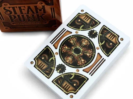 The result of the joint efforts of USPCC, Theory11, and the Romanian designer Alex Beltechi, Steampunk is a tribute to 19th century Victorian machinery. Printed on a unique bronze paper, the deck boasts metallic inks