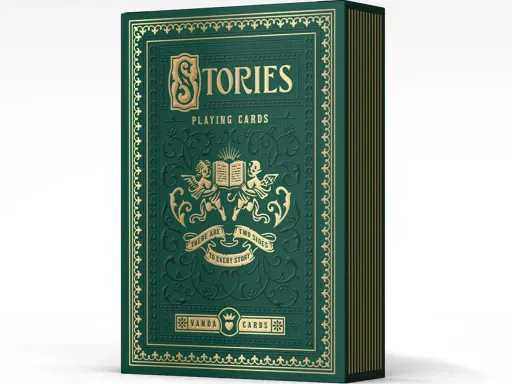 The Stories Volume 3 Playing Cards are Housed in an elegant Green tuckbox with gold &amp; green foiling and features full color metallic pantone inks on the court illustrations.Each tuck box has a unique serial