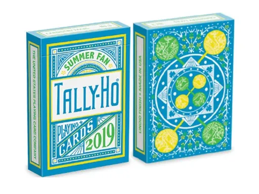 Tally Ho Fan Back Summer Playing Cards have a high-quality Linoid finish, making them the first choice among cardistry flourishers and card magicians. The classic Fan Back design re-colored in deep blue, and neon yellow