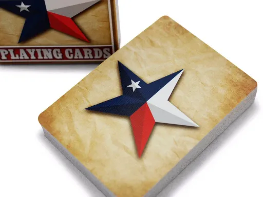 With a design inspired by the imagery and colors of the Lone Star State, the Texas Star deck features the renowned Bicycle Air-Cushion™ finish. The deck includes custom-colored court cards, two custom Jokers, a custom