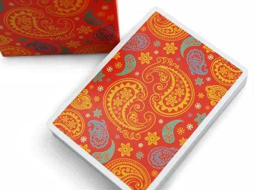 Funded on Kickstarter and designed by Vanishing Inc. Magic, The Dapper Deck is available in two colors: Jerry's Nugget Orange and navy blue. The back design of the cards features pastel shades of green, red,