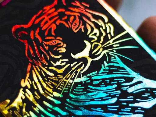 Showcasing a new high-brightness printing technique that produces an incomparable rainbow coloring, The Hidden King Rainbow Luxury Edition Playing Cards have a bright and unique design. The back design features a mirrored Tiger with a