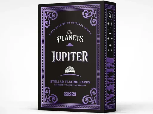 The Planets series by Vanda represents the planets in our solar system. The fifth deck in this series is Jupiter featuring a gorgeous purple design with one-eyed bull-like characters as court cards. Designed by Srdjan