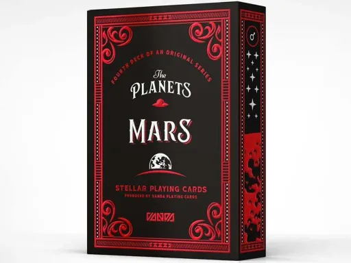 The Planets series by Vanda represents the planets in our solar system. The fourth deck in this series is Mars featuring a gorgeous red design with all male court cards. Designed by Srdjan Vidakovic, the