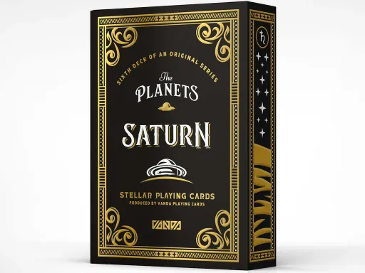 The Planets series by Vanda represents the planets in our solar system. The sixth deck in this series is Saturn featuring a gorgeous gold design with goat-like creatures as court cards. Designed by Srdjan Vidakovic,