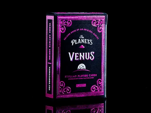 The Planets series by Vanda represents the planets in our solar system. The second deck in this series is Venus featuring a gorgeous purple design with all female court cards. Designed by Srdjan Vidakovic, the