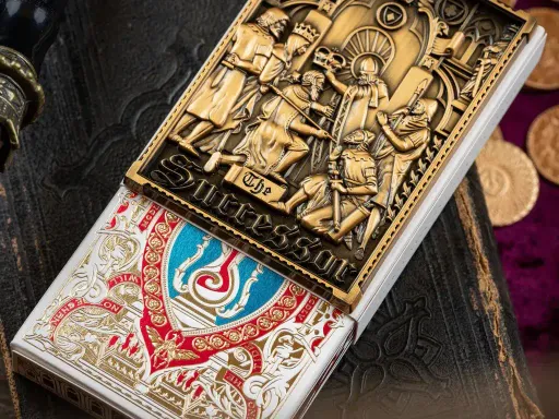 The Successor Monarch White Edition playing cards by the Gentleman Wake are limited to 1500 decks only. The tuck box of the White Monarch Successor Playing Cards is encased in an additional slip sleeve featuring