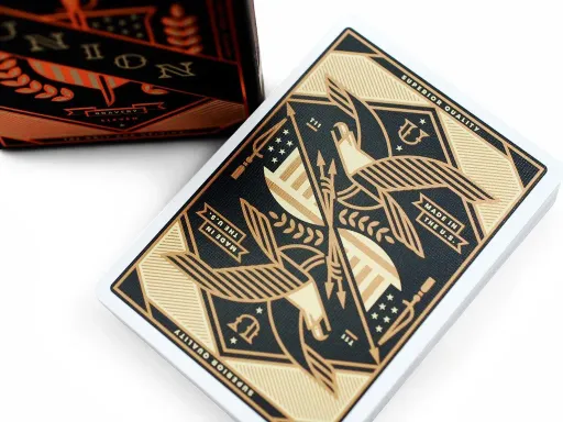 Designed by Jay Fletcher and produced by Theory11, the Union deck is inspired by the colonial American history. The tuck case features gold embossed accents. The deck comes with two custom Jokers, custom court cards,