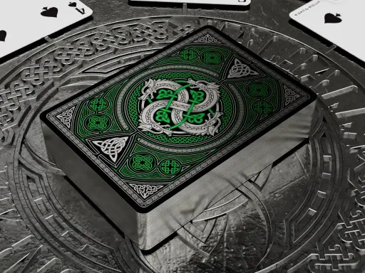 The Gilded Valhalla Viking Playing Cards Emerald edition features a super luxurious tuck box with intricate details and silver gilding on the sides of the playing cards! The back design of the Valhalla Cards is