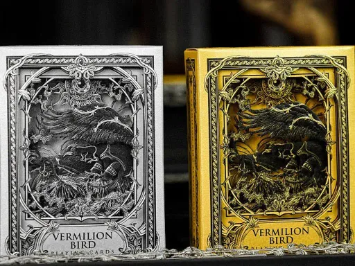 Vermilion Bird Playing Cards by ARK Black Gold Box are limited to 500 sets with numbered Seals. Each Boxset has two deck of cards one Gold &amp; one Silver.Full gold and silver foil playing cardsPaper