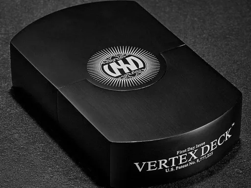 VERTEX DECK - BlackOriginal Prototype Product (from 2017)Patented Playing Cards - Featuring Fully Custom Transparent Holographics On Front and Back FacesPlaying Cards in Black Paper Sleeve, Sealed with Numbered StickerSolid Metal (Polished Anodized Aluminum) Black