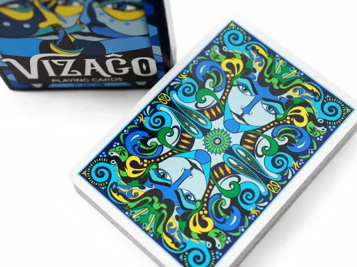 The VIZAGO Playing Cards is a completely unique and colorful artwork which entirely designed by the hand of Annette Abolins. Printed by Legends Playing Card Co. , VIZAGO is a vibrant and fully custom illustrated